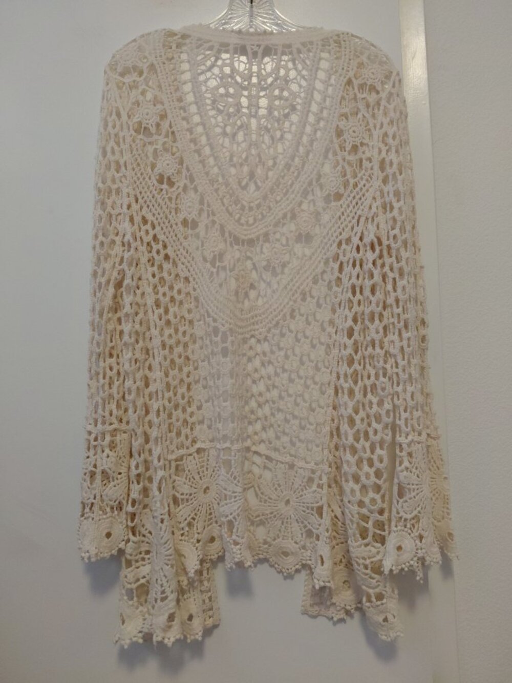 Rebellion Again Crochet Knit Open Front Cardigan Boho Beach Festival Ivory Large - Picture 5 of 6